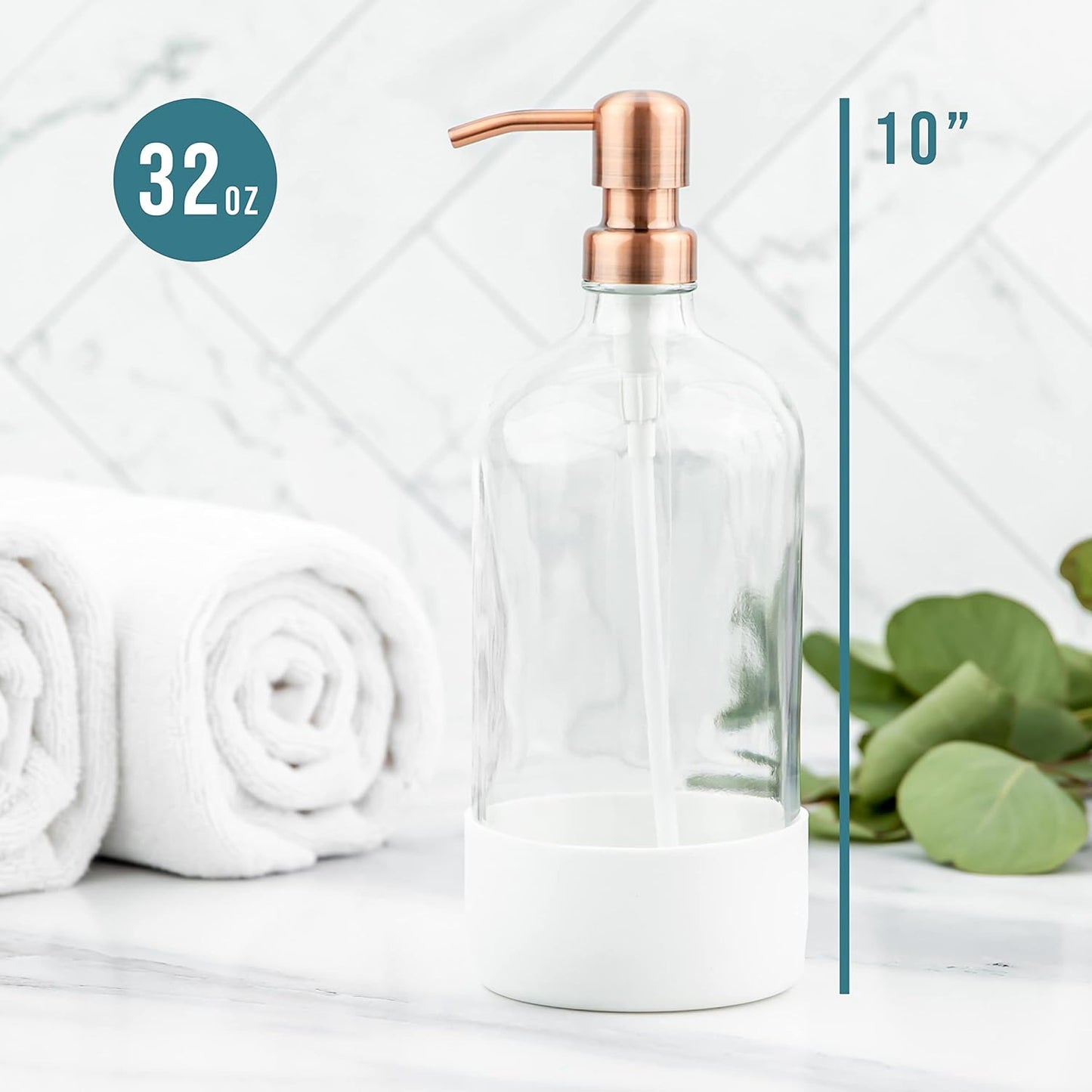 32 oz Glass Pump Bottle Rustproof Stainless Steel Pump, Funnel, and Lids. Modern Farmhouse Vintage Jar, Large Glass Shampoo Bottles with Pump and Laundry Soap Dispenser - Rose Gold