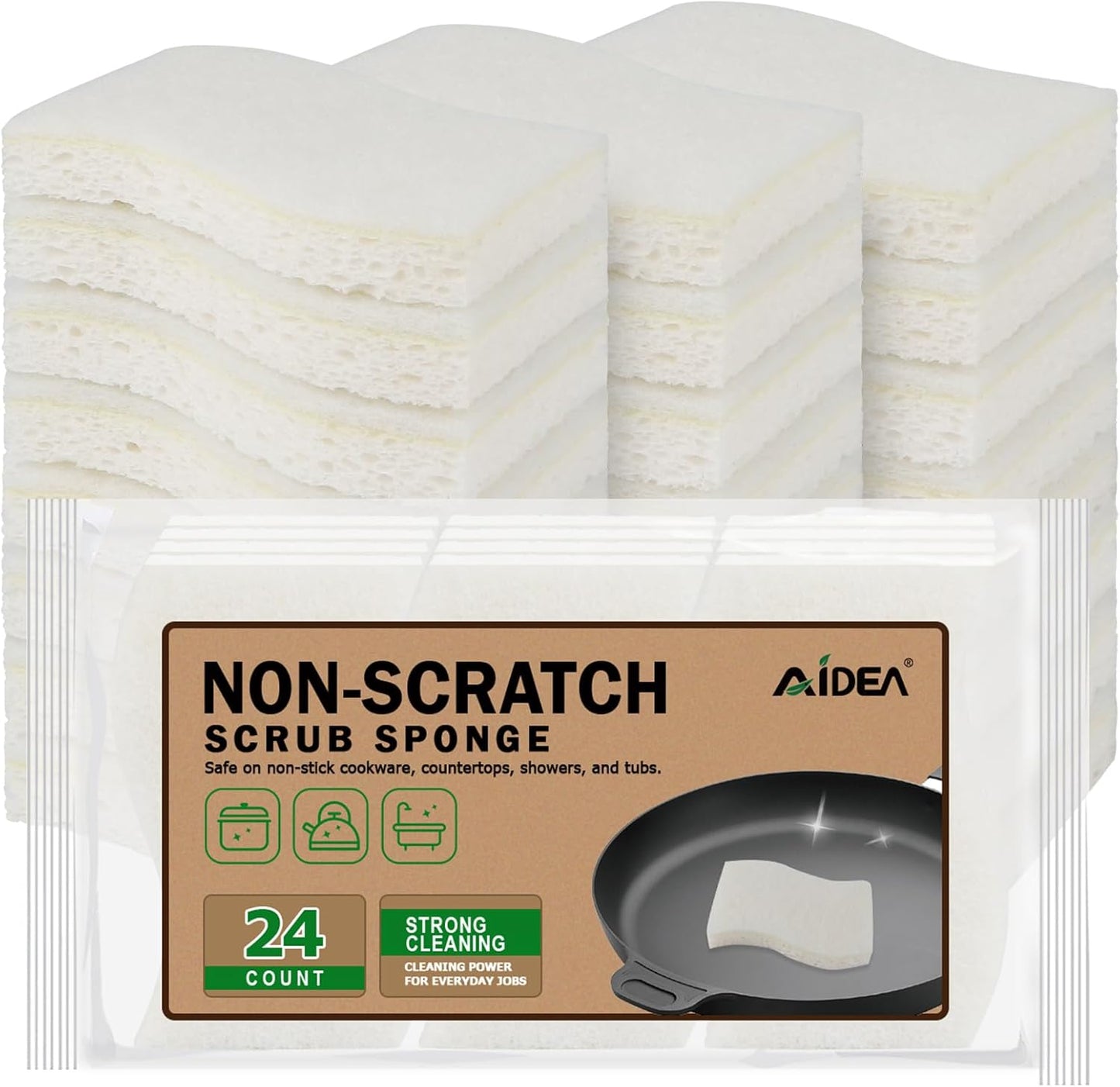 AIDEA Non-Scratch Scrub Sponge-24Count, Sponges Kitchen, Natural Sponge for Non-Stick Cookware, Cellulose Sponges for Dishes, Cleaning Power for Kitchen, Bathroom, Household