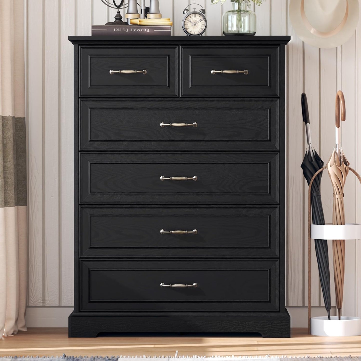 6 Drawer Dresser for Bedroom, 43" Tall Wooden Chest of Drawers, Rustic Farmhouse Dresser with Large Drawers & Metal Handles, Modern Storage Organizer for Closet, Living Room, Hallway, Black