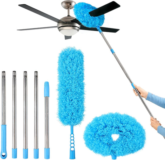 Ceiling Fan Cleaner Duster Reusable Microfiber Removable Duster with Extension Pole Adjusts 12 to 71 Inch for Cleaning Walls Bookshelves Furniture Door Window Top (Blue)