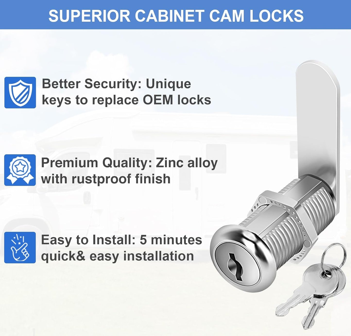 Cabinet Lock with Keys, 1-1/2" Long Cam Locks keyed Alike, Cam Lock Set for Cabinets Thick Drawers RV Storage Locks Tool Box with Keys, Zinc Alloy (2 Packs, 1-1/2 Inch)