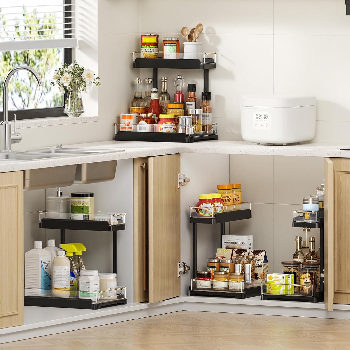 heart & home 2-Pack Under Sink Storage Organizer for Kitchen & Bathroom Cabinets with Removable Washable Tray, Tool-Free Assembly – Multi-Purpose for Vanity, Laundry & Countertop, Black