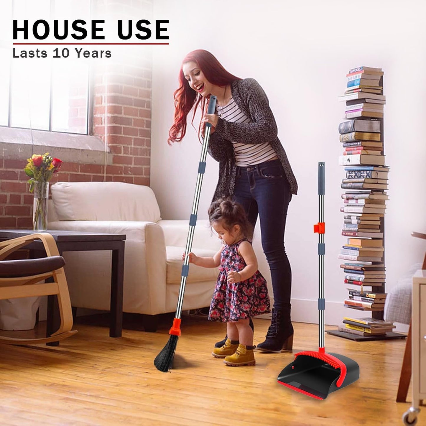 2-Pack is More economical，Broom and Dustpan， with 52" Long Handle, Dustpan Teeth with self-Cleaning Function, Indoor and Outdoor Sweeping, Perfect for Home Office