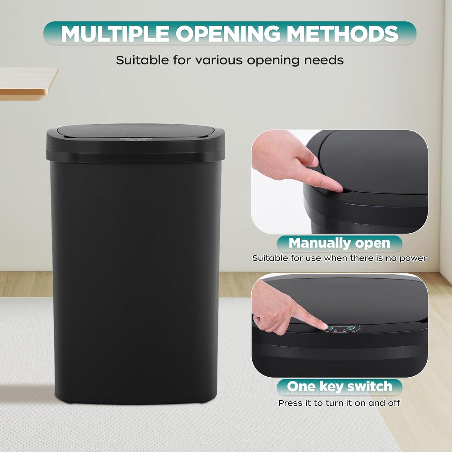 Automatic Motion Sensor Bathroom Trash Can with Lid, 13 Gallon Touchless Trash Bin, Smart Dog Proof Garbage Can, Touch Free Waste Basket for Toilet, Office, Bedroom,Black