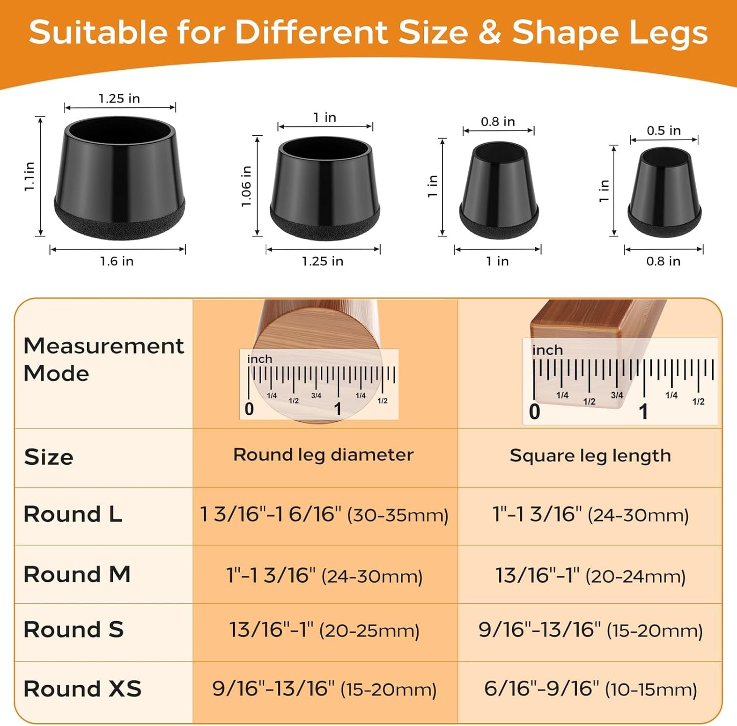 24 PCS Silicone Chair Leg Floor Protectors Small (0.8"-1") Rubber Felt Furniture Pads Chair Legs Caps/Covers for Hardwood Floors, Tile from Scratches & Reduce Noise - Round, Black