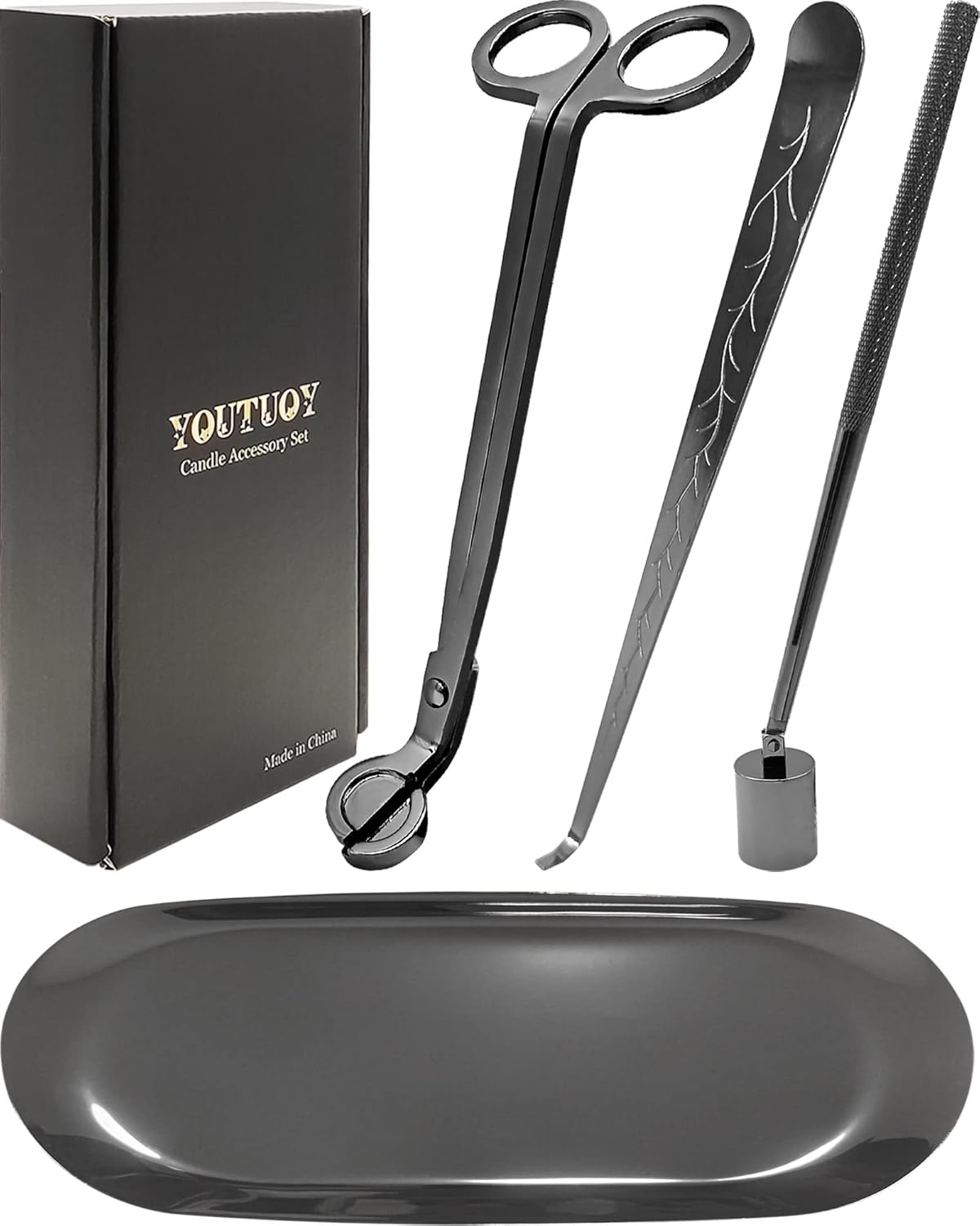4 in1 Candle Accessory Set with Storage Tray Plate, Candle Wick Trimmer, Candle Wick Snuffer, Candle Wick Dipper, Storage Tray Plate, Great for Scented Candles Lovers (Silver Black)