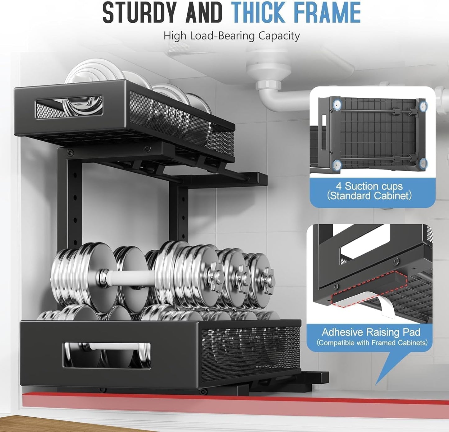 2-Pack Under Sink Storage Organizer, Large 2-Tier Elegant Mesh Pull Out Shelf for Kitchen and Bathroom Cabinet Organization, L-Shaped and Adjustable Height Design,Patent Pending-Black