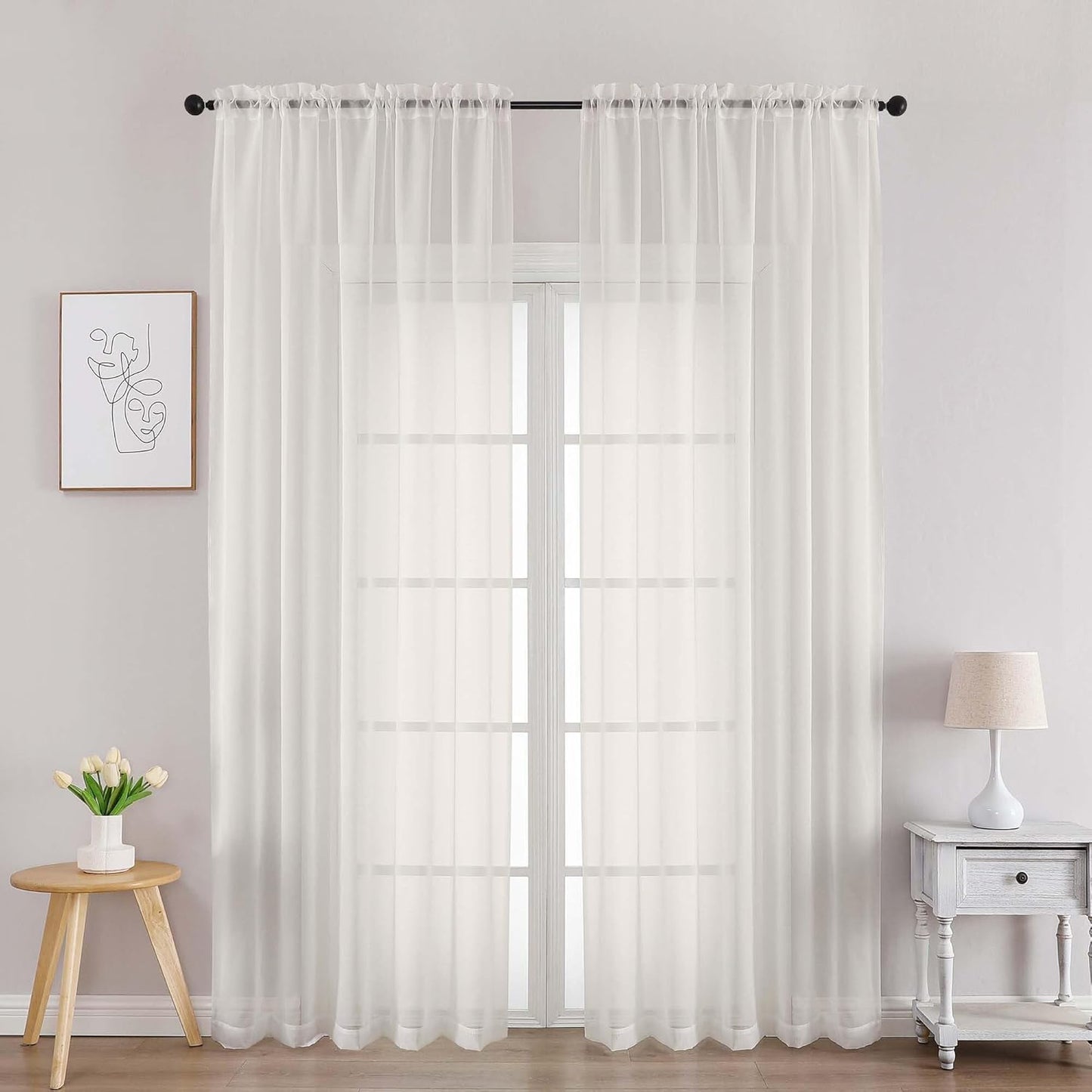 Chyhomenyc Ivory Sheer Curtains 90 Inches Long 2 Panels, Light Filtering Ivory Curtains for Living Room, Soft Gentle Voile Rod Pocket Bedroom Window Drapes, 59Wx90L Inch, 2PCS