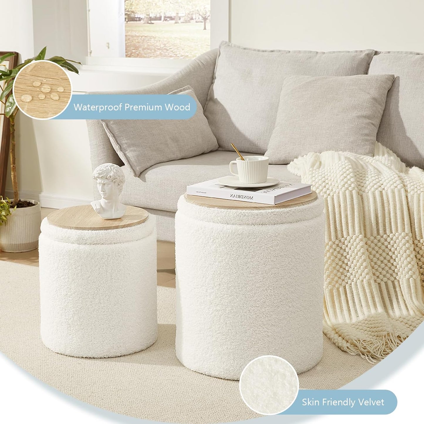 Boucle Round Ottoman with Storage Set of 2,Small Foot Stool Ottoman for Living Room, Small Coffee Table,Vanity Stool with Storage for Bedroom, White