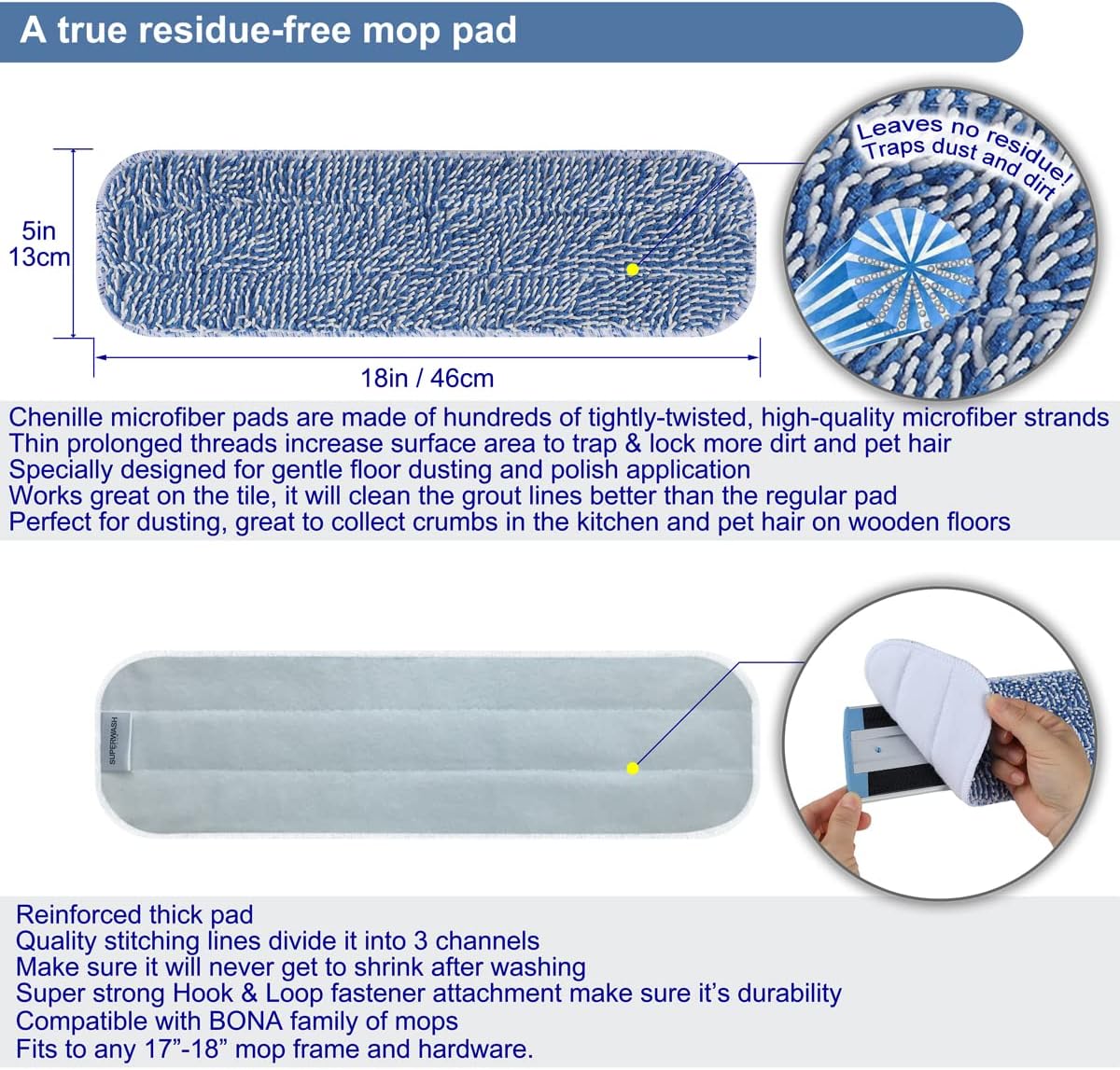 Replacement Microfiber Floor Cleaning Pads - 18''x5'' Dust Mop Refill Sweeping Pad Compatible with Bona Mop, Reusable Dry Mop Head Fits 17” to 18” Flat Mop - 4 Pack