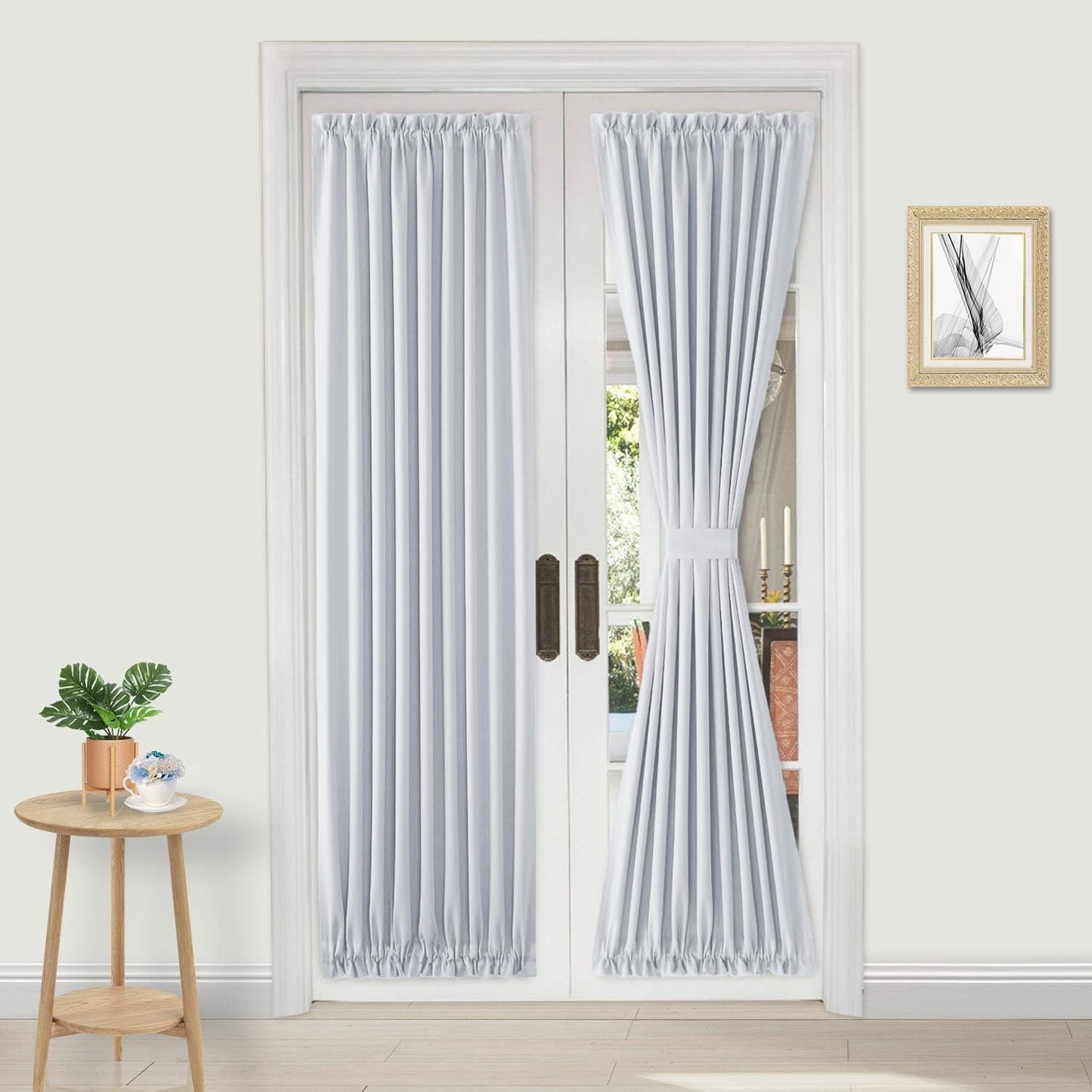 DWCN French Door Curtains – Rod Pocket Thermal Curtain for Doors with Glass Window, Kitchen and Patio Doors for Privacy, 36 X 80 Inches Long, 1 Curtain Panel with Tieback, Greyish White