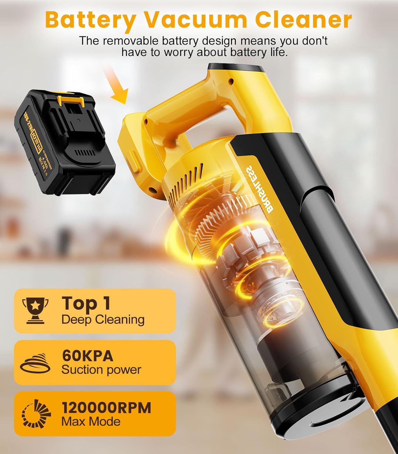 8000mAh Cordless Vacuum with Extra Battery, 700W Brushless Vacuum Cleaners for Home, 6 in 1 Electric Stick Vacuum withwith Hepa Filter, Best Cordless Vacuum for Pet Hair /Carpet Hardwood Floor/Dorm