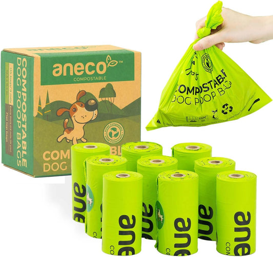 ANECO 100% Certified Home Compostable Dog Poop Bags (135 Count/9 Rolls), Large Poop Bags for Dogs & Cats, Extra Strong & Leak-proof Pet Waste Bags, California