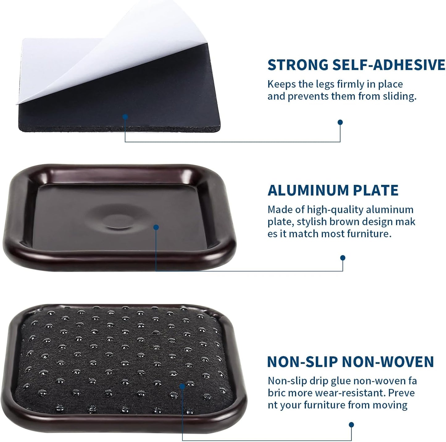 Ezprotekt 1 3/4" Square Non Slip Furniture Pads with Drip Glue Non-Woven Fabric Bottom, 16 Pcs Anti Skid Furniture Coasters Cups Floor Protectors for Bed, Sofa, Table, Chair, Cabinet, Brown/Black