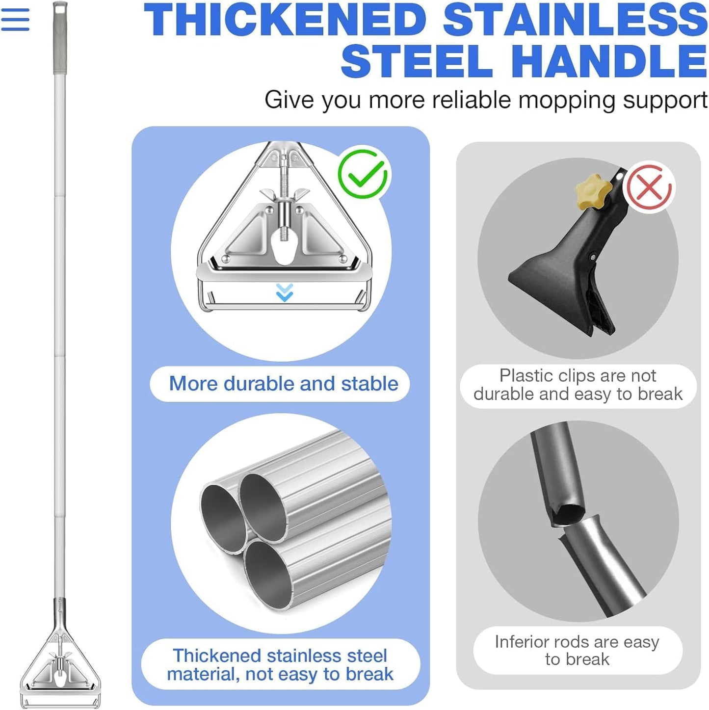 Commercial Mop Handle Heavy Duty,Industrial Metal Mop Stick Replacement for Home, Garage, Office, Workshop,Warehouse Floor Cleaning,2Pack