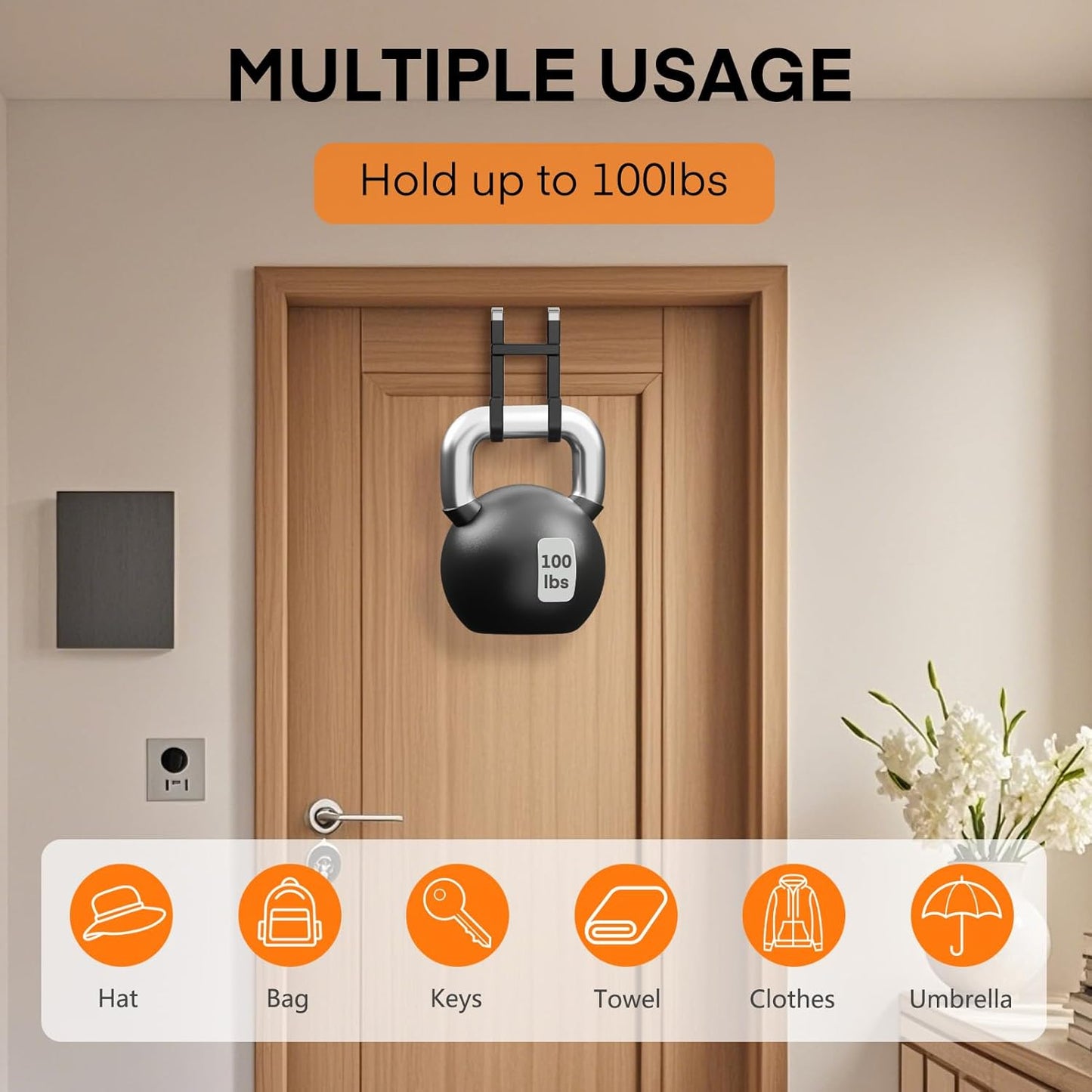 FYY Over The Door Hooks - 2 Pack Heavy Duty Dual-Hook Organizer Hanger with Non-Slip Rubber for Towels, Clothes, Hats & Bags Use in Bathroom, Bedroom, Kitchen - Fits Interior Doors Up to 1 3/8" Black