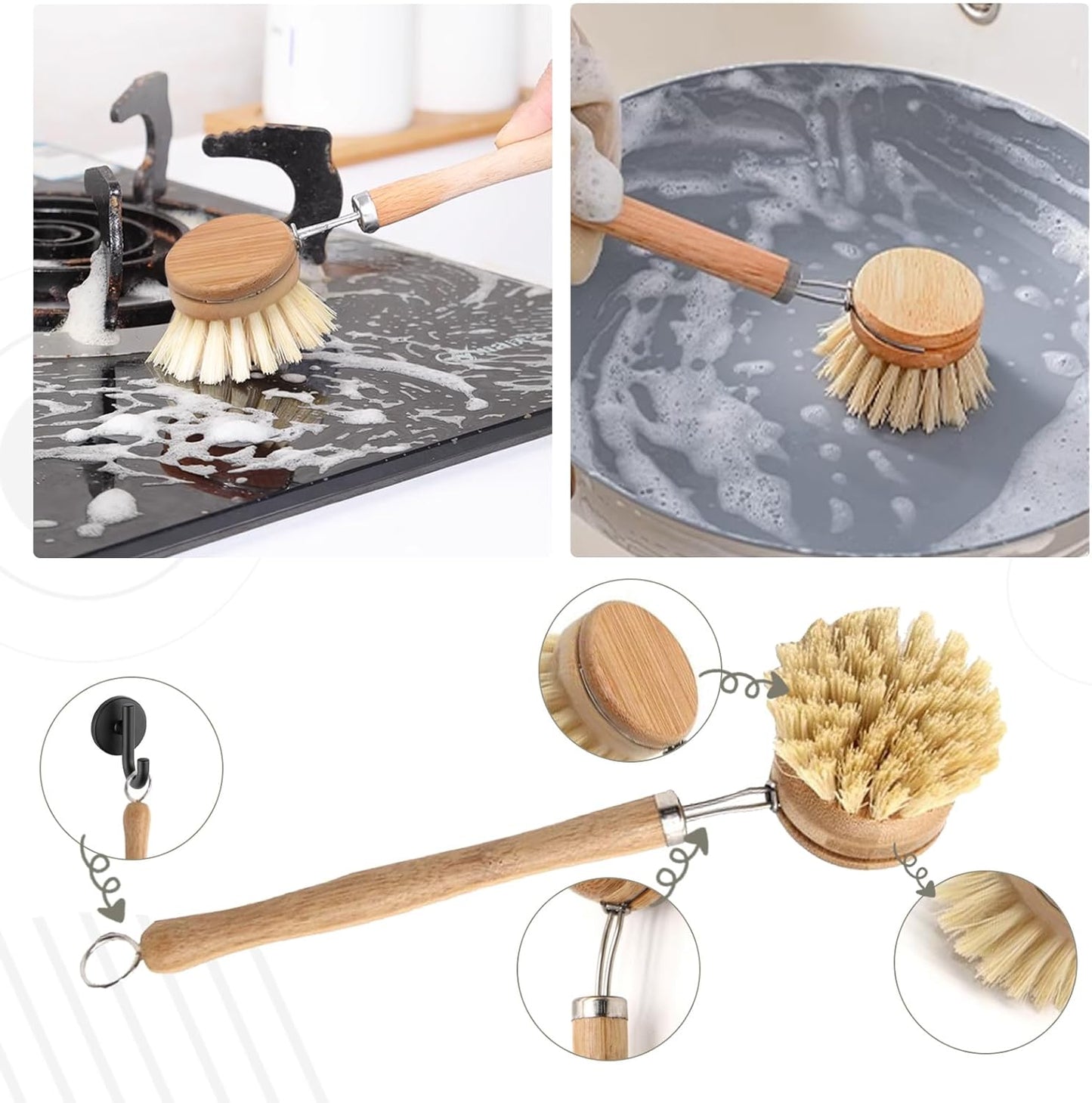 Haploon 7 Piece Wooden Dish Brush Natural,Bamboo Brush Kitchen Set Dish Cleaning Brush Pot Brush & Bottle Cleaner Beech Wood & Natural Bristles Bamboo Scrub Brush for Dishes Plastic Free
