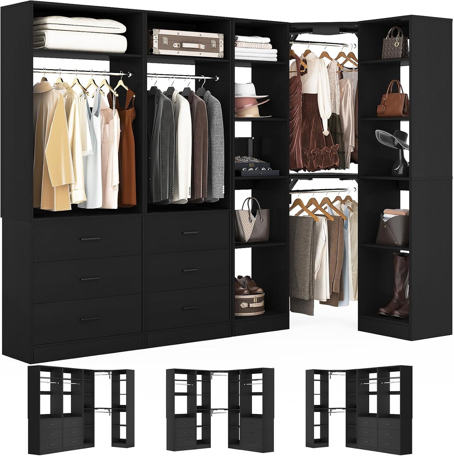 Corner Closet System with 6 Drawers, Closet Organizer System with 14 Shelves & 4 Hanging Rods, 87.2"L * 39.2"W / 63.2"L * 63.2"W Reversible L Shaped Walk-in Closets, Load 2500+LBS, Black