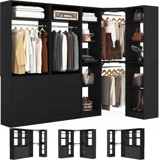 Corner Closet System with 6 Drawers, Closet Organizer System with 14 Shelves & 4 Hanging Rods, 87.2"L * 39.2"W / 63.2"L * 63.2"W Reversible L Shaped Walk-in Closets, Load 2500+LBS, Black
