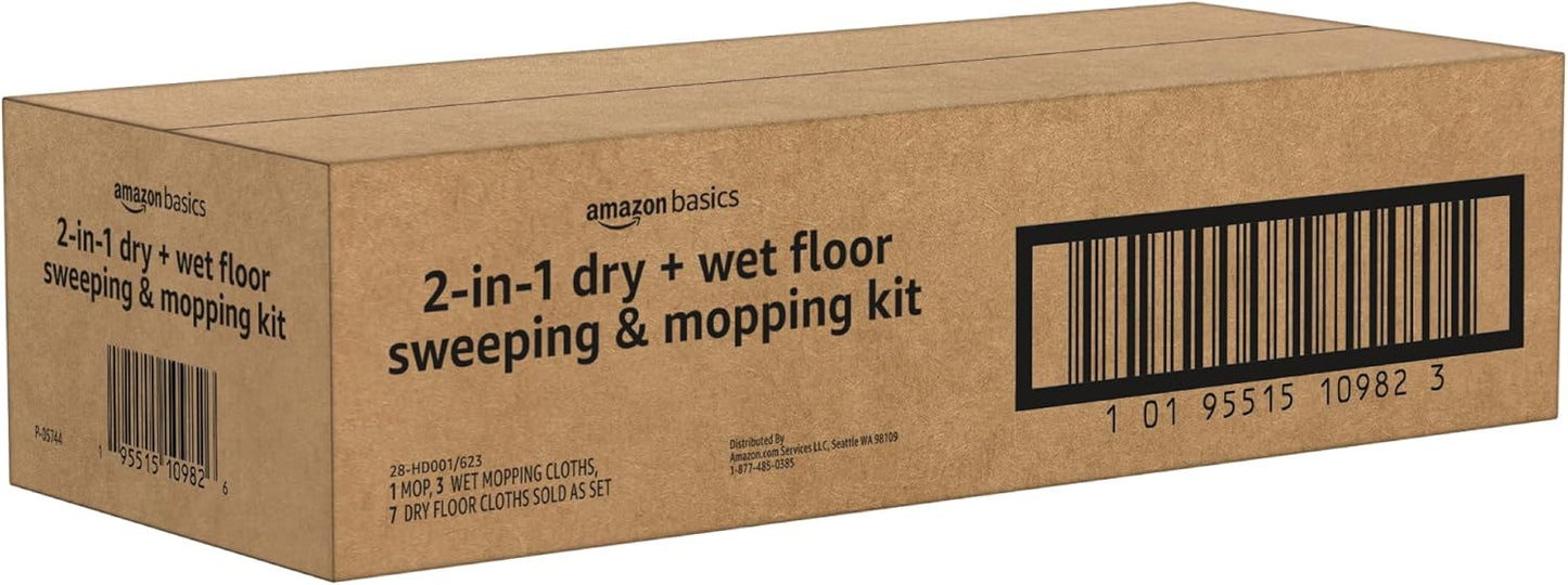 Amazon Basics Wet & Dry Sweeper Kit (1 Sweeper Handle, 7 Heavy Duty Dry Cloths, 3 Wet Floor Cloths) Pack of 1