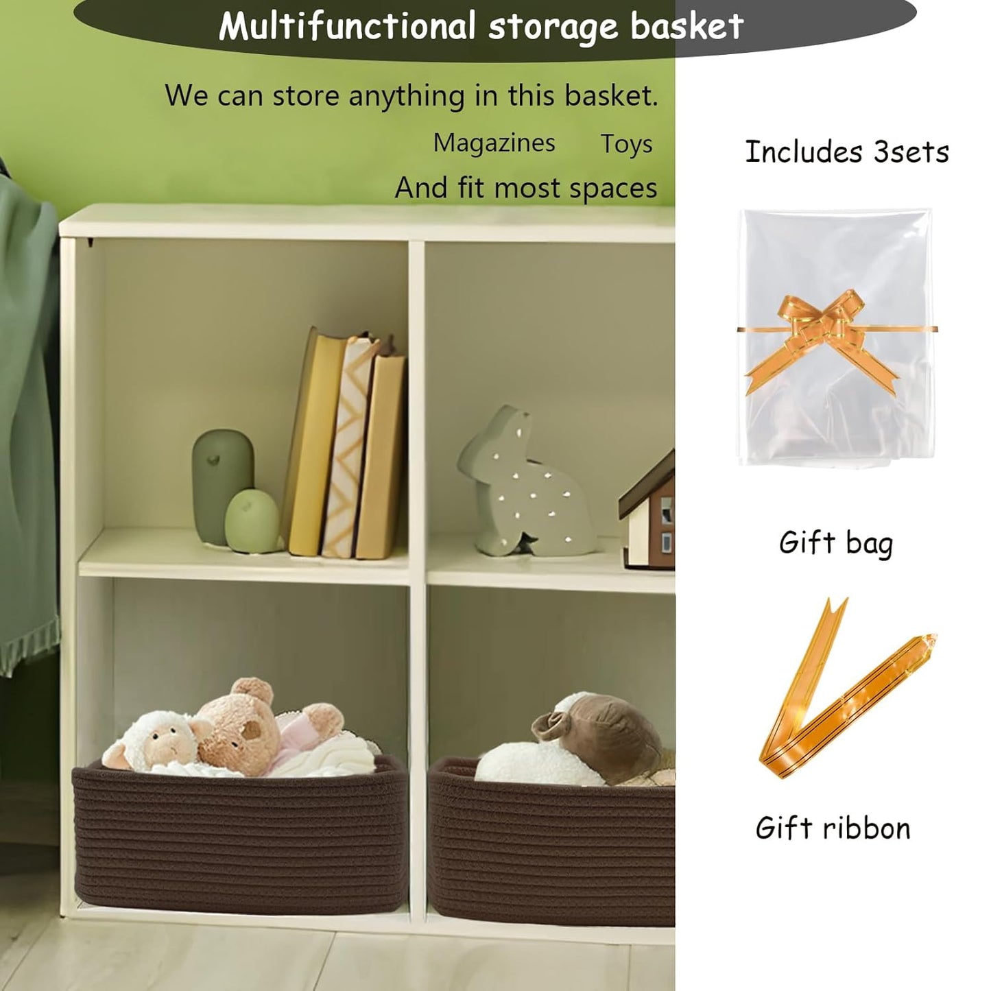 COMFY-HOMI 13" x 8.5" x 5.1" Storage Baskets for Organizing | Cotton Rope Woven Basket | Toy Storage Bin Box | Basket for Shelves, Closet Organizer Bin, Decorative Closet Shelf, 3 Pack, Dark brown