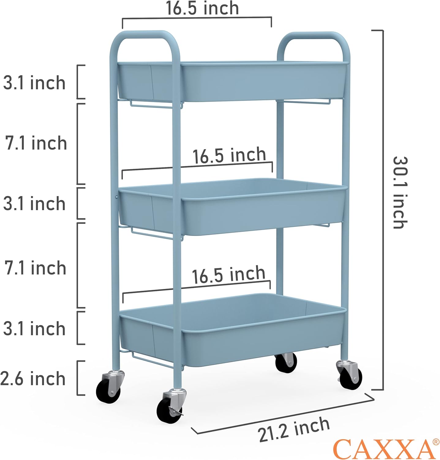 CAXXA 3-Tier Rolling Metal Storage Organizer - Mobile Utility Cart with Caster Wheels, Blue