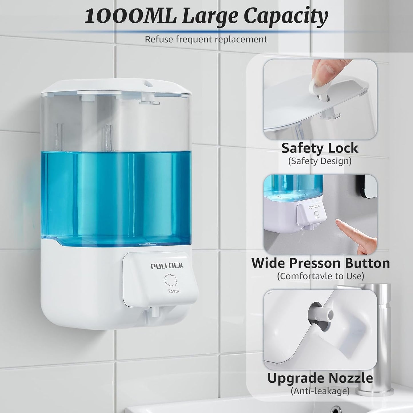 Foaming Hand Soap Dispenser Wall Mounted,Hand Sanitizer Dispenser,Lotion Detergent Dispenser,Dish Soap Dispenser for Kitchen,Commercial Foam Soap Dispense for Bathroom,33.8OZ/1000ML