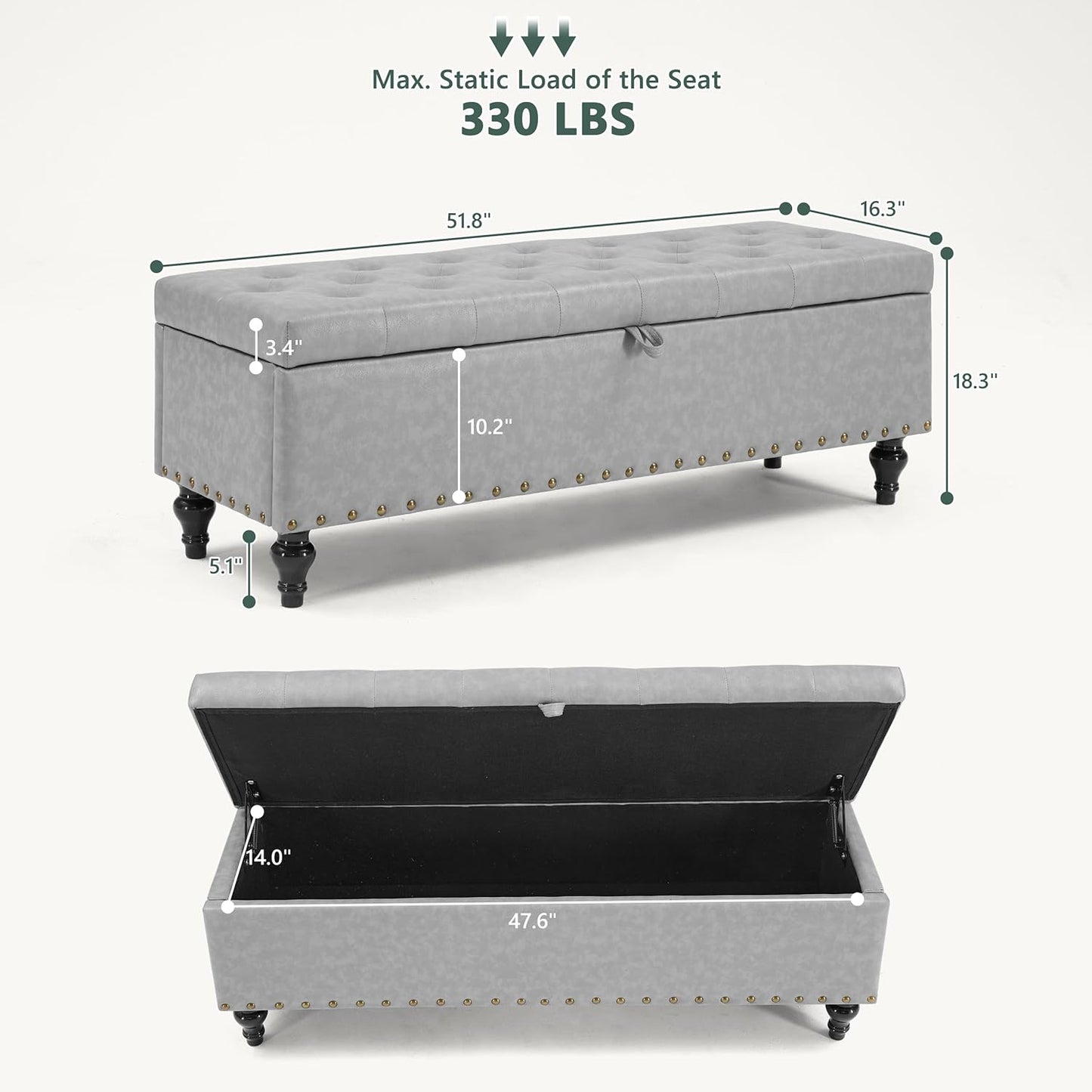 50" Storage Ottoman Bench, Tufted Ottoman with Storage for Living Room, Large End of Bed Ottomans, Modern Entryway Benchs, Window & Bedroom Benches for Foot of Bed (AshGray)