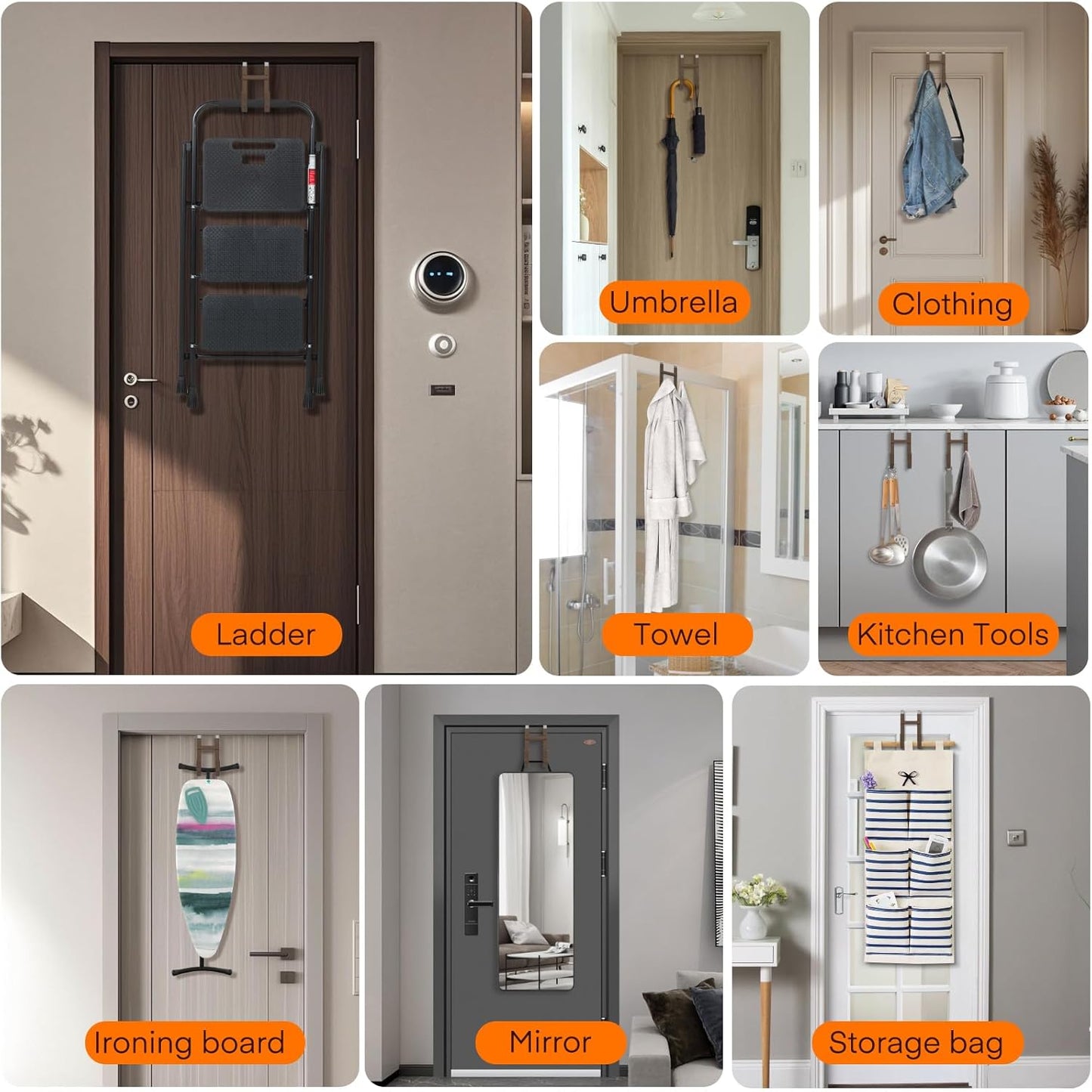 FYY Over The Door Hooks - 4 Pack Heavy Duty Dual-Hook Organizer Hanger with Non-Slip Rubber for Towels, Clothes, Hats & Bags Use in Bathroom, Bedroom, Kitchen - Fits Interior Doors Up to 1 3/8" Brown