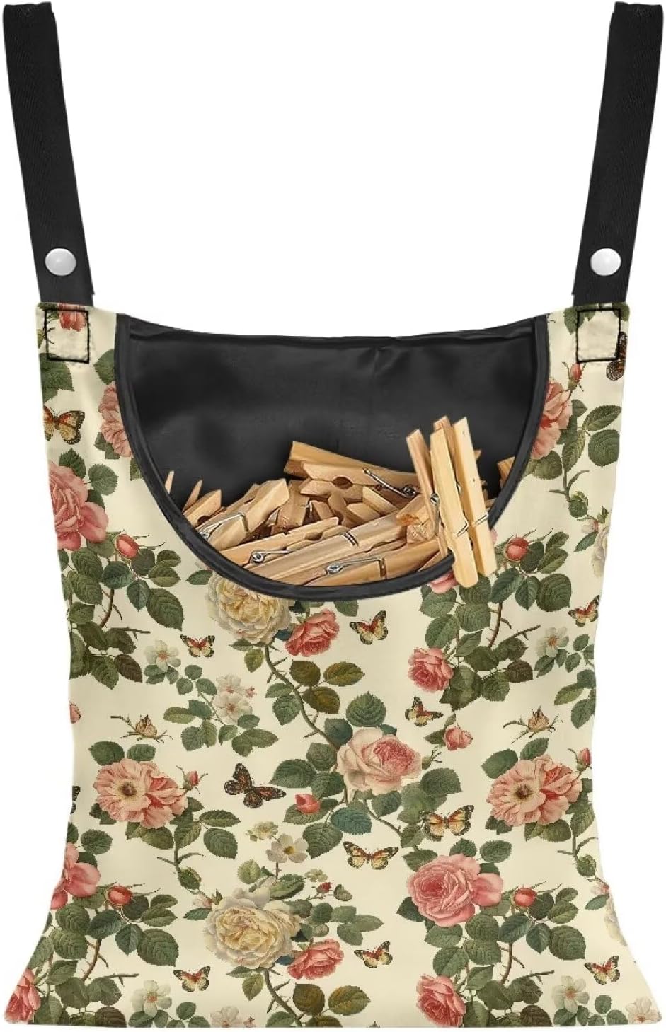 Floral Clothes Pin Hanging Bag with Hanging Rope 14.5 X 12 Inch Clothespin Bag for Clothes Pins and Clothespins - Heavy Duty Outdoor Use