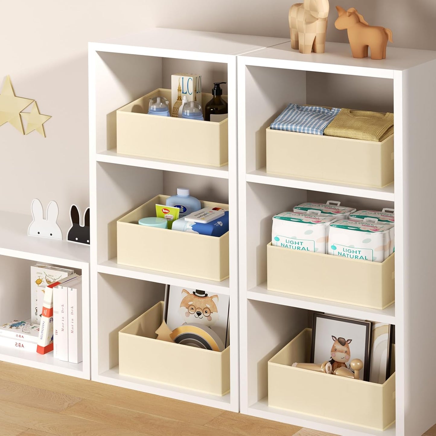 DIMJ Large Closet Storage Bins 8 Pack - Fabric Trapezoid Closet Organizer Bin, Foldable Storage Baskets for Shelves, Closet Shelf Organizer, Clothing Storage Box for Toys, Books, Towel, Clothes, Beige