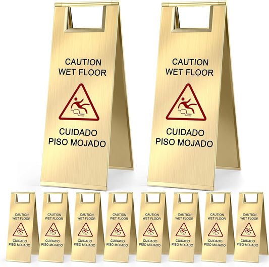 8 Pcs 24 Inch Stainless Steel Wet Floor Sign 8.8 Pound Caution Wet Floor Sign Bulk Double Sided Portable Foldable Bilingual Safety Warning for Kitchen Restaurant Restroom Avoid Fall(Gold)