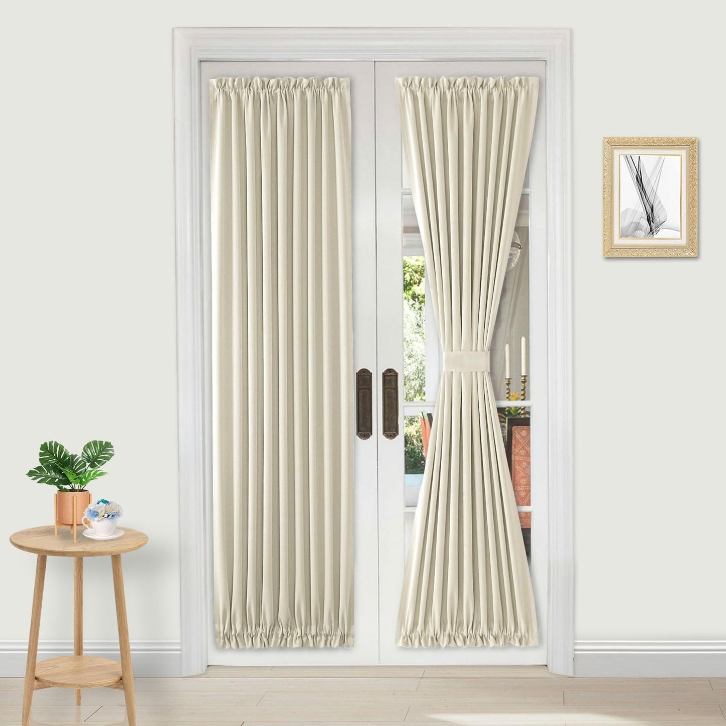 DWCN French Door Curtains – Rod Pocket Thermal Blackout Curtain for Doors with Glass Window, Kitchen and Patio Doors for Privacy, 25 X 80 Inches Long, 1 Curtain Panel with Tieback, Light Beige