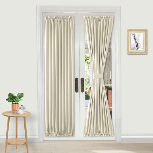 DWCN French Door Curtains – Rod Pocket Thermal Blackout Curtain for Doors with Glass Window, Kitchen and Patio Doors for Privacy, 25 X 80 Inches Long, 1 Curtain Panel with Tieback, Light Beige