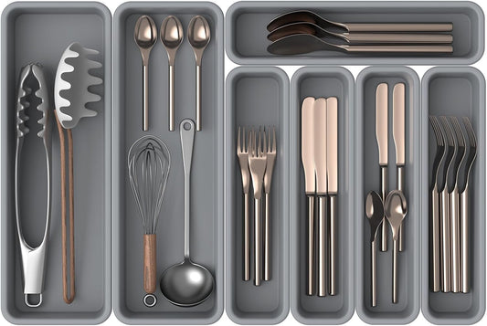 7 Pack Silicone Silverware Drawer Organizer, DIY Free Combination Kitchen Drawer Organizer, Utensil Organizer, Moisture-proof and Heat-resistant up to 200°C, Anti-slip and Environmentally (Grey)