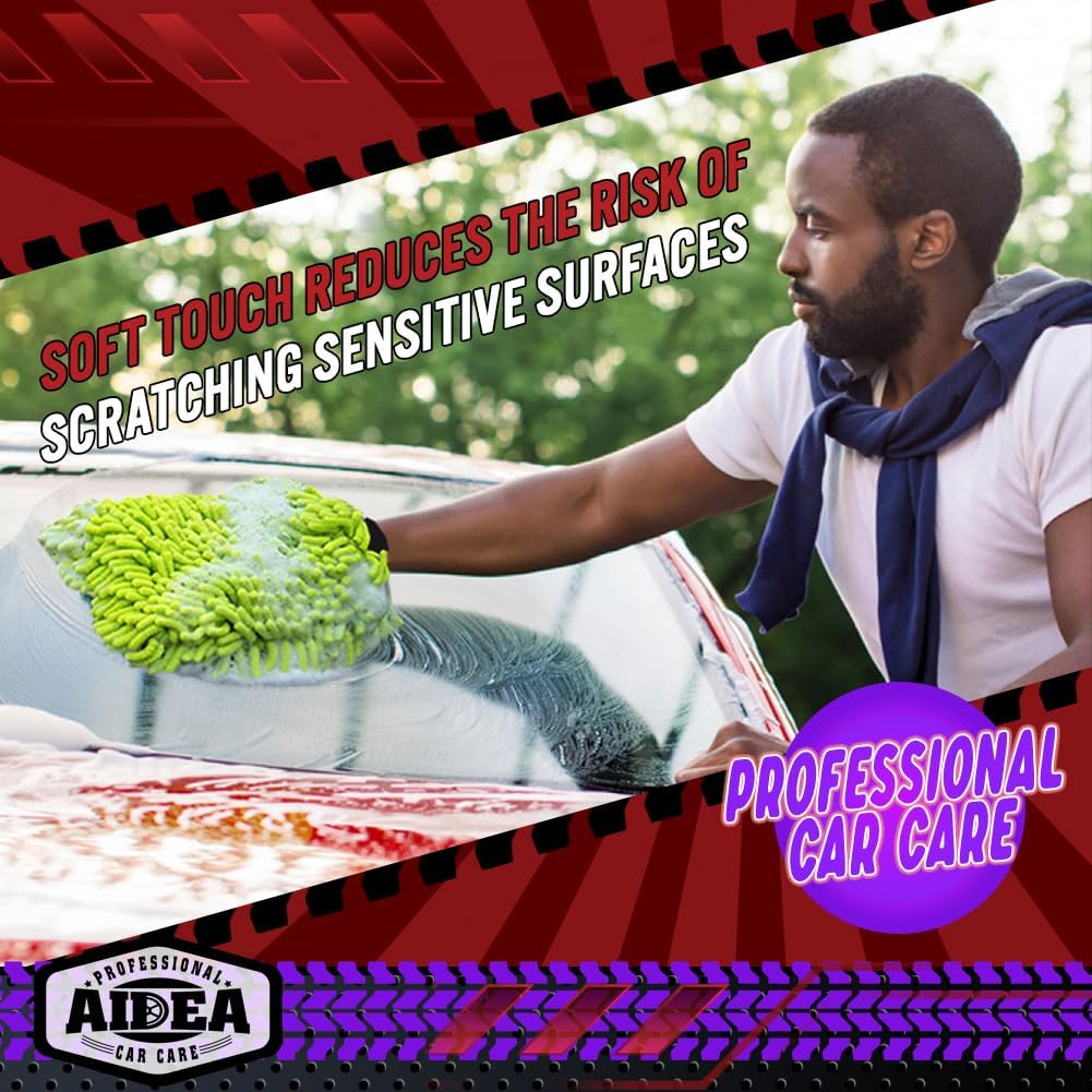 AIDEA Car Wash Mitt Microfiber, 2PK-Scratch-Free& Lint-Free, Premium Chenille Microfiber Wash Mitt-Green Extra Large Size (8''X12'')