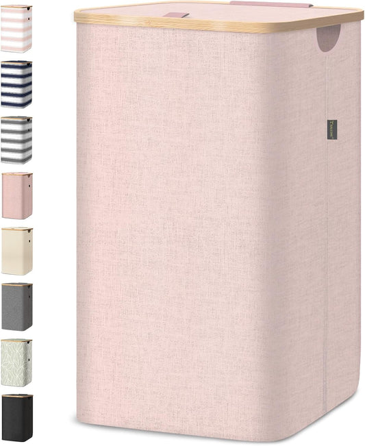 BALEINE Laundry Hamper with Lid, Tall Laundry Baskets with Bamboo Pull Handles, Large Laundry Bin with Internal Support (26 Gal/100L, Pink)