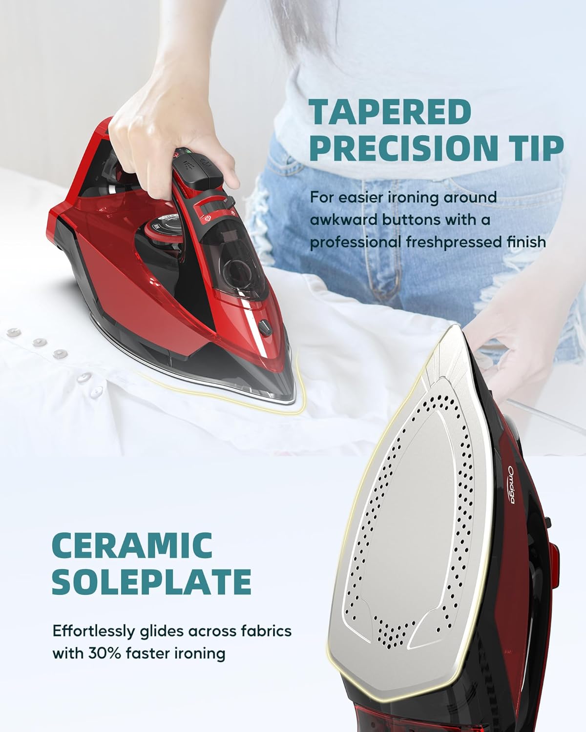 Cordless Iron for Clothes - 1500W Steam Iron with Non-Stick Ceramic Soleplate, Rapid Heating, Auto Shut Off, Burst of Steam, Self-Clean, Anti-Drip, Anti-Calc, 3 Temperature Settings, Red