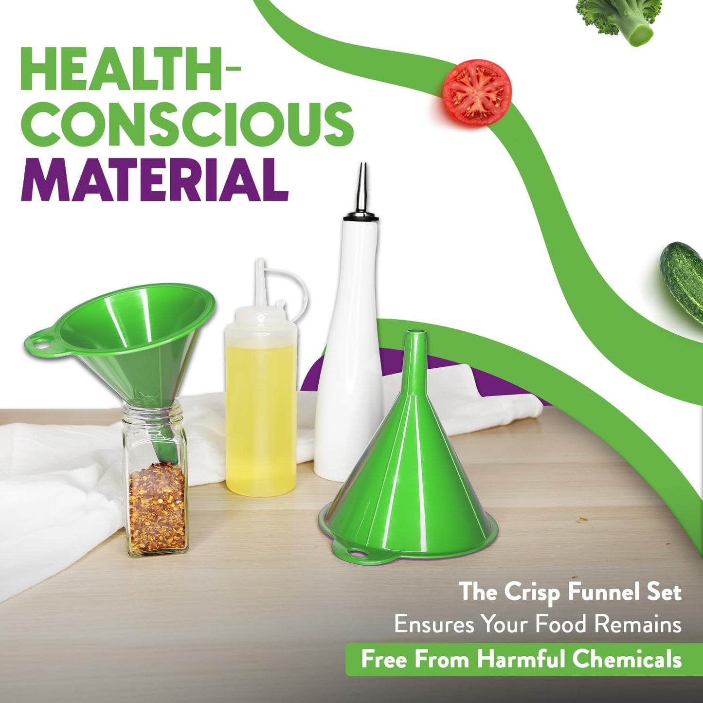 Crisp 2-Piece Funnel Set - All Purpose Funnels for Kitchen Use Filling Bottles - Durable & Dishwasher Safe Kitchen Funnel Set - Made in The USA - Bright Green