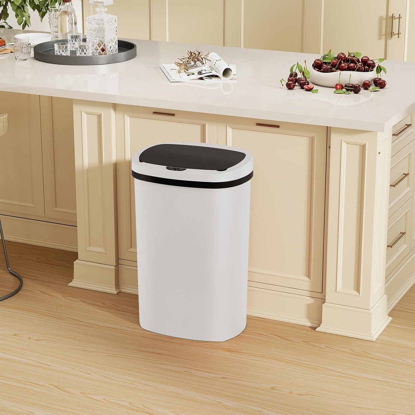 Automatic Motion Sensor Bathroom Trash Can with Lid, 13 Gallon Touchless Trash Bin, Smart Dog Proof Garbage Can, Touch Free Waste Basket for Toilet, Office, Bedroom,White