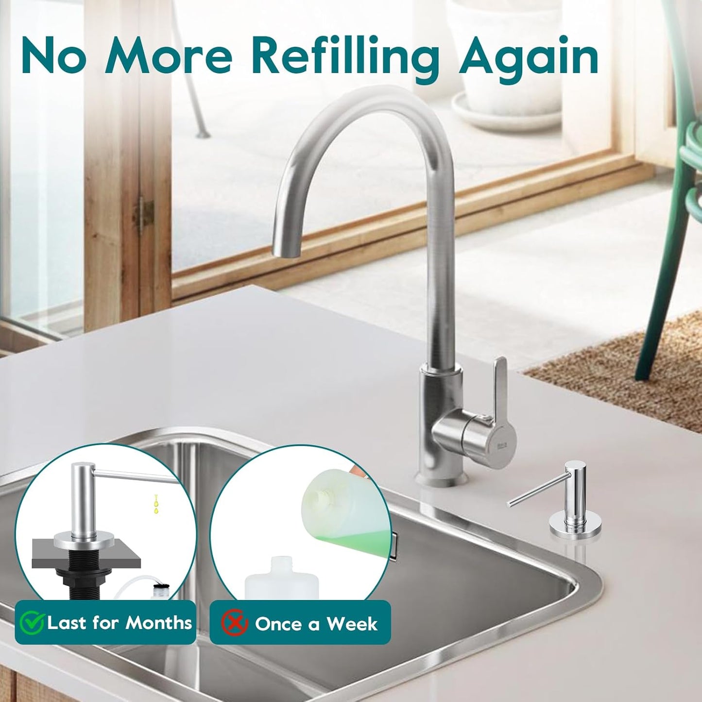 Gappo Soap Dispenser for Kitchen Sink Polished Chrome, Stainless Steel Countertop Pump, Built in Sink Soap Dispenser with 47" Extension Tube kit