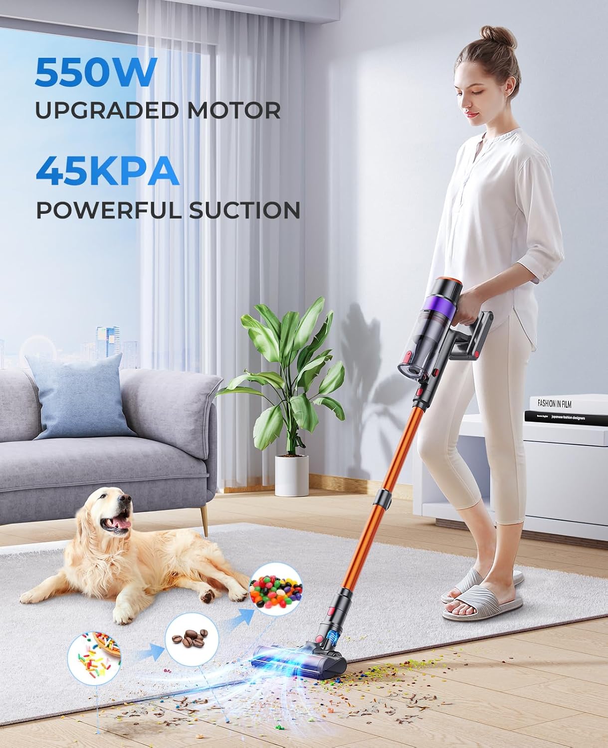 Fieety Cordless Vacuum Cleaner, 550W 45KPA Cordless Stick Vacuum Cleaner with 60Mins Rechargeable Battery, LED Touch Display, Handheld Vacuum Cleaners for Home/Pet Hair/Carpets/Floors