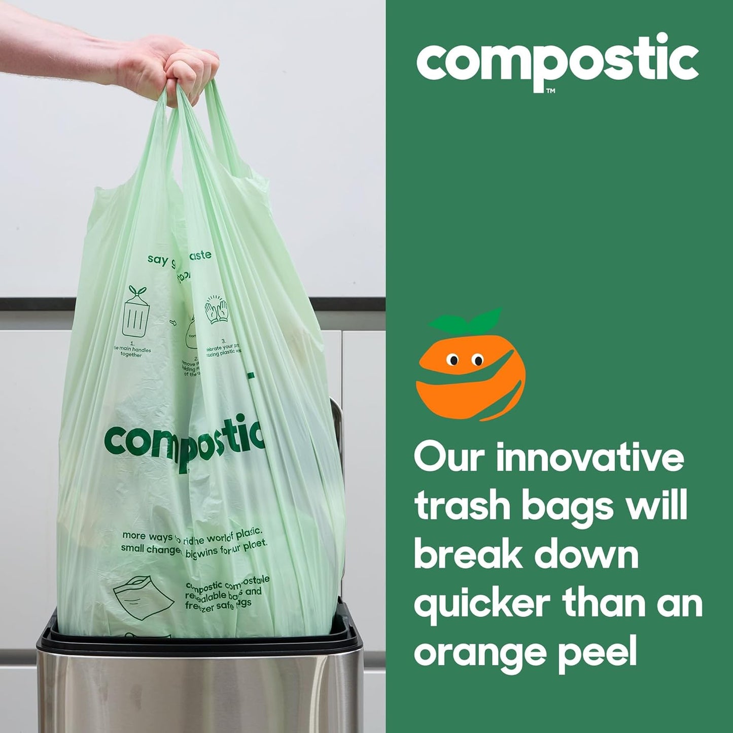 Compostic Home Compostable Trash Bags, 13 Gallon Tall Kitchen Rubbish Bags (23” x 29”), Extra Strong & Quickly Breaks Down, 100 Count