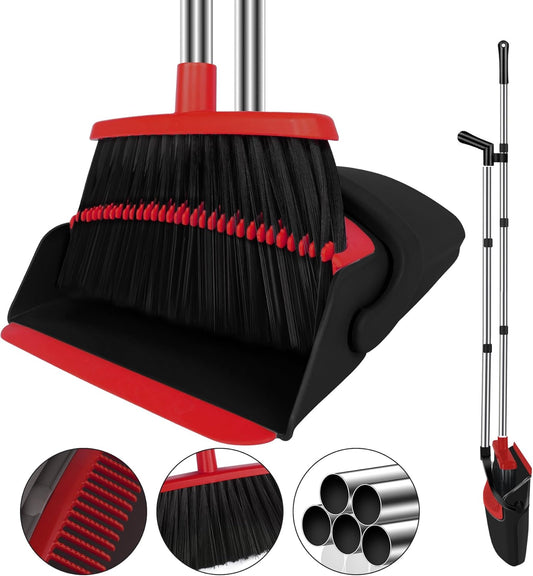 Broom and Dustpan Set for Household, Red Broom with Dustpan Combo Set, 51" Long Handle Dust pan Set for Dog Cat and Hair Clean