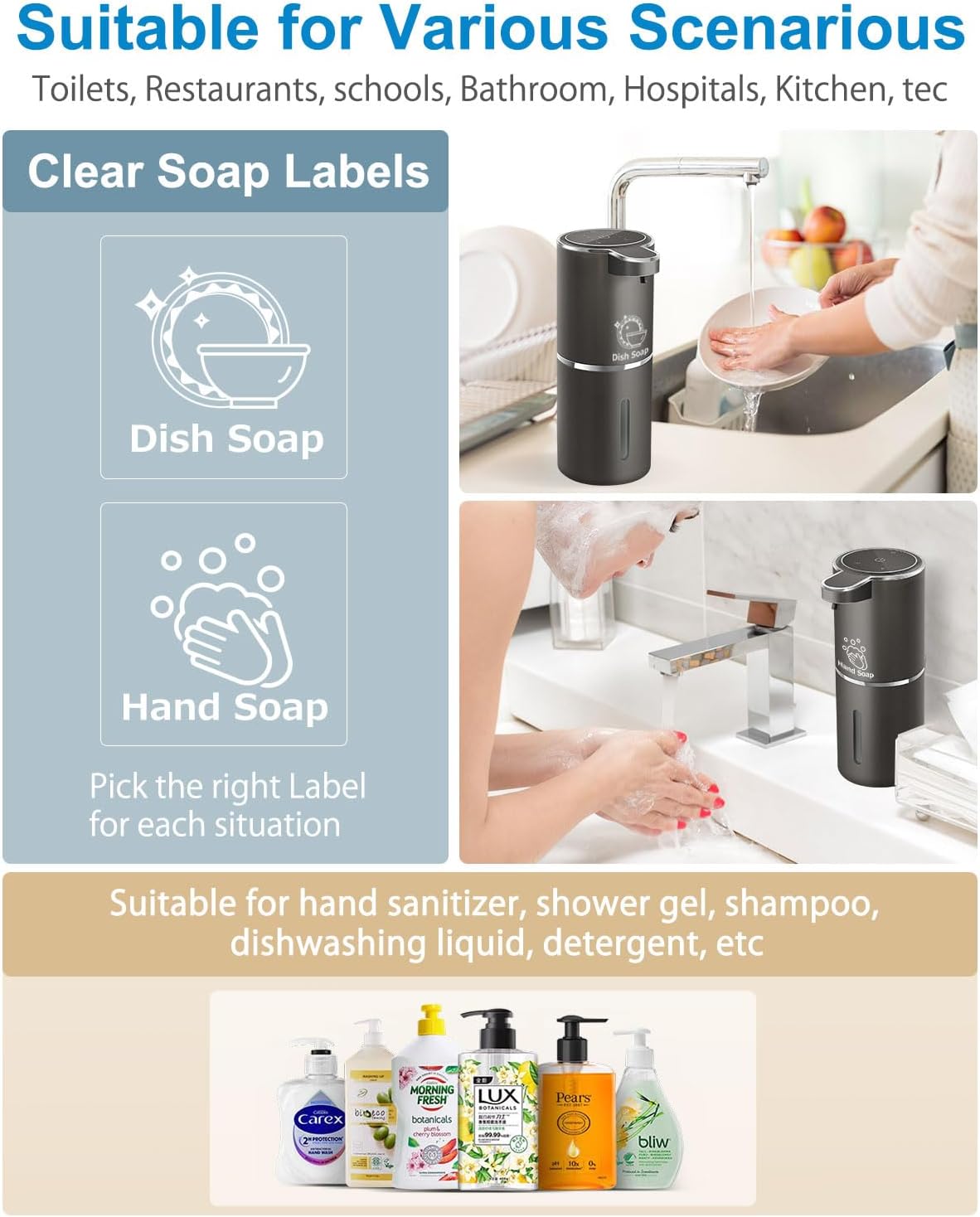 Automatic Liquid Soap Dispenser,4-Level Adjustable, Wall Mount,USB Rechargeable,12.8oz/ 380ml,Touchless Hand & Dish Soap Dispenser for Bathroom, Kitchen,Hotel, Restaurant