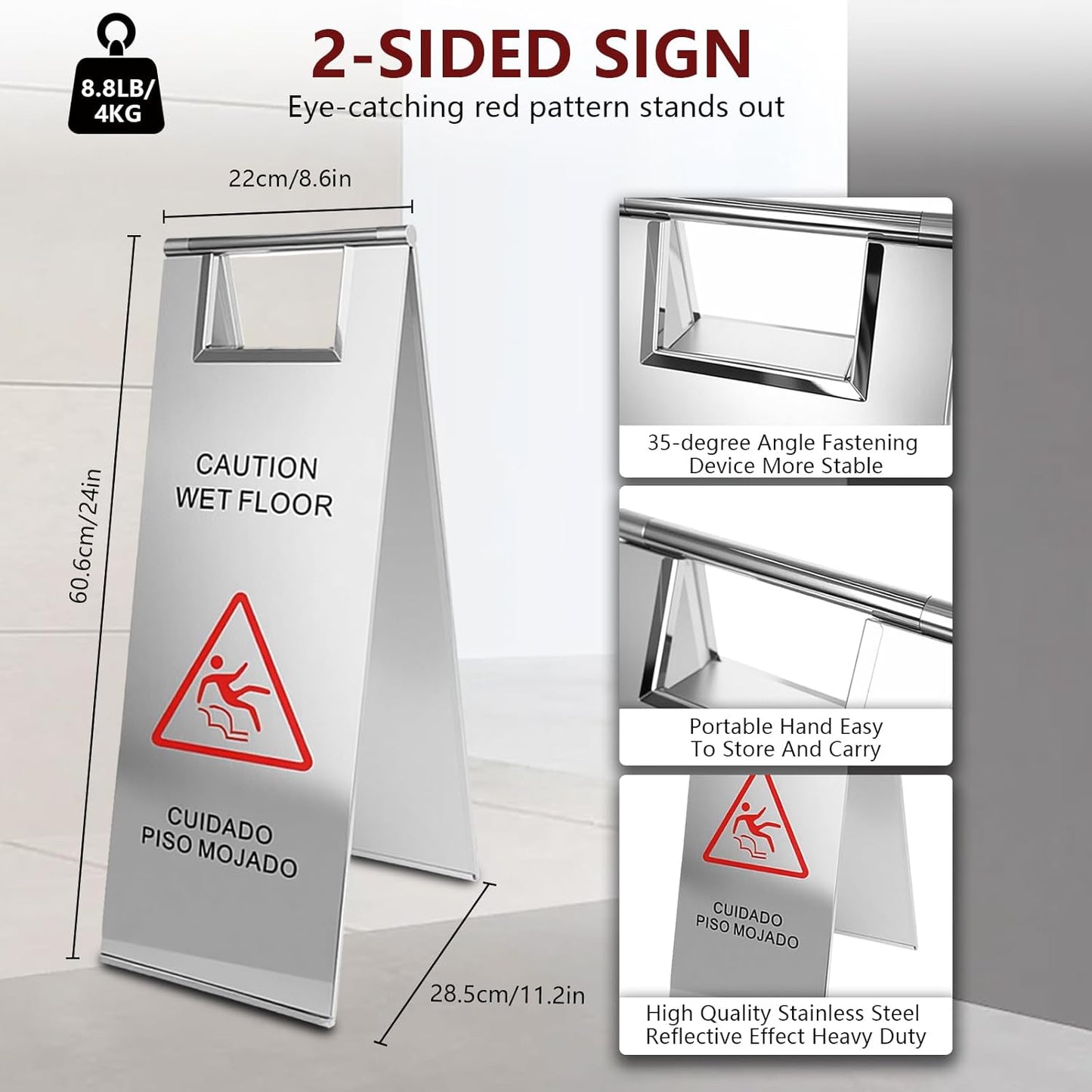4 Pcs Stainless Steel Wet Floor Caution Sign, 24 Inch Portable Handle Bilingual Signaboard, Commercial Use Foldable Wet Floor Sign for Kitchen, Restaurant, Shop, Silver