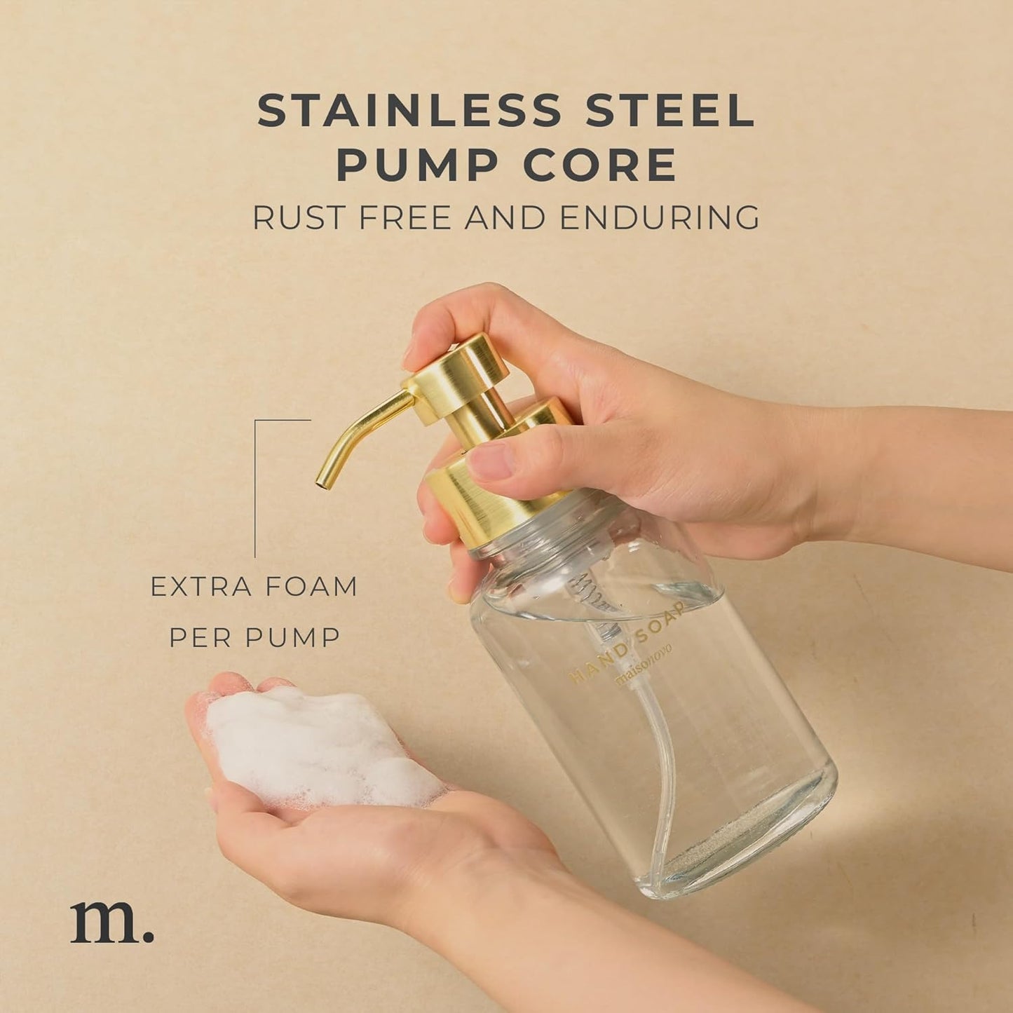 MaisoNovo Glass Foaming Hand Soap Dispenser 14 Oz | Gold Foaming Soap Dispenser Clear Bottle Gold Pump x 1 w/Labels