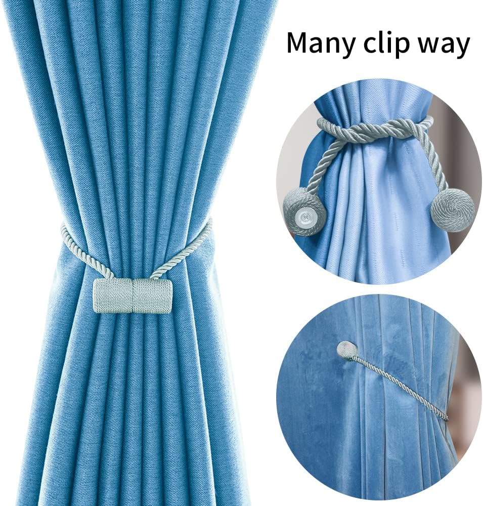 18 Inch Strong Magnetic Curtain Tiebacks, Curtain Holdbacks Modern Upgrade Strong 2021 New Twisted Style Decorative Drapery Rope Tie Backs(4 Pack Grey Blue)
