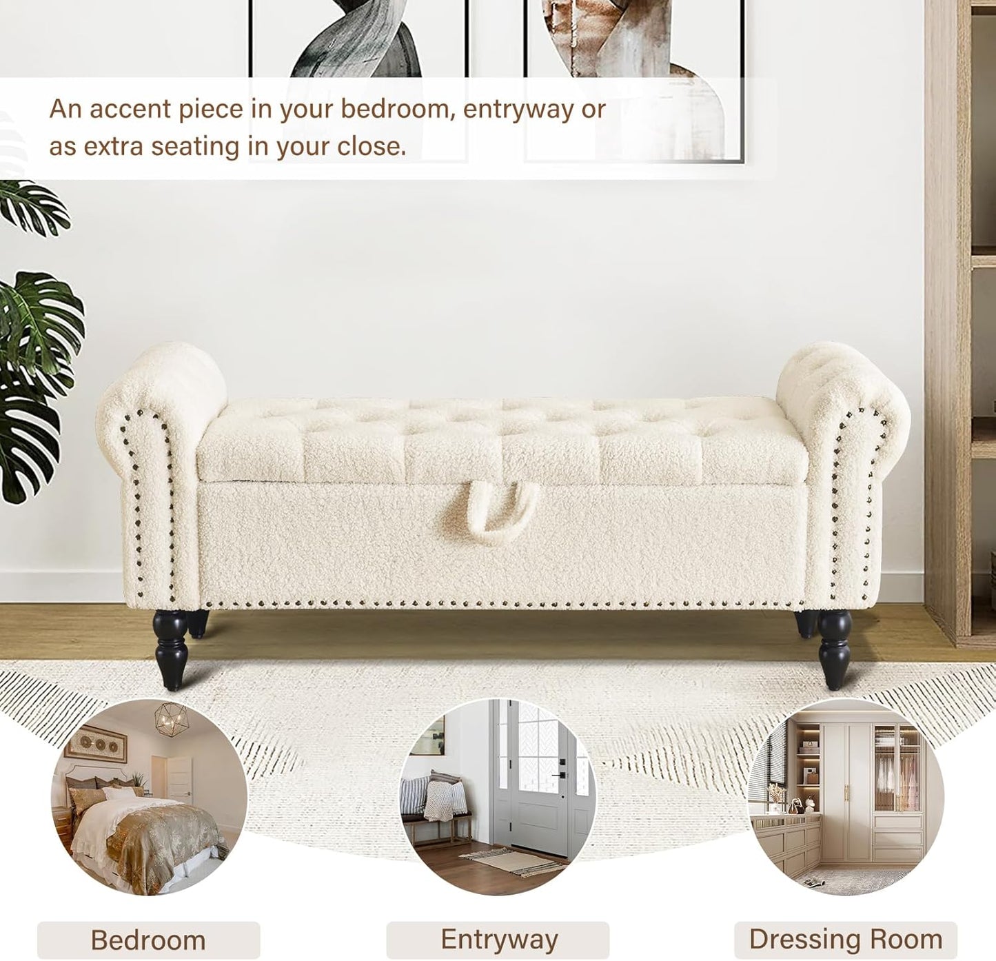 Furnimart Storage Ottoman Bench for Queen Size Bed, Faux Fur Upholstered Storage Bench Accent Bench with Rolled Arms for Bedroom,Living Room, Entryway, 2.5Cubic Feet