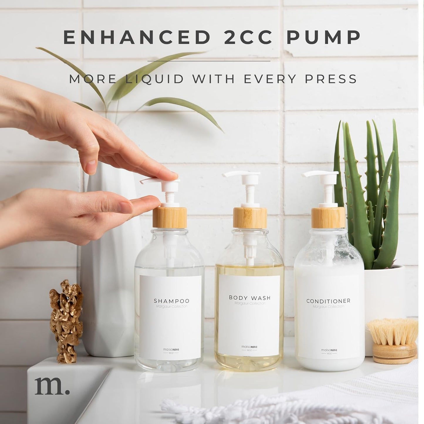 MaisoNovo Refillable Shampoo and Conditioner Bottles | 16.9 fl oz Set of 3 Clear Plastic Bottles White Bamboo Pumps